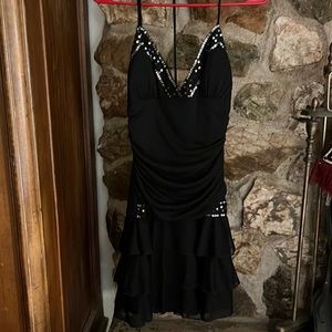 Woman’s size Small black sequined spaghetti tie back evening dress